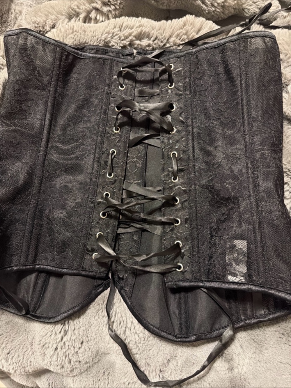 Black Jacquard Corset Top Bustier M Med Lace Up Boned Gothic Lingerie EUC VS